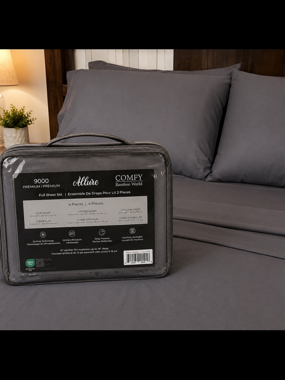 Comfy Bamboo World Allure 9000 Full Sheet Set Dark Gray 4 Pc Deep Pocket